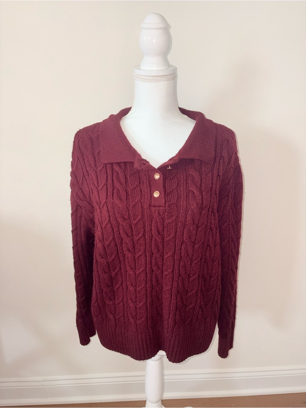 Zara Cable-Knit V-Neck Sweater in Burgundy